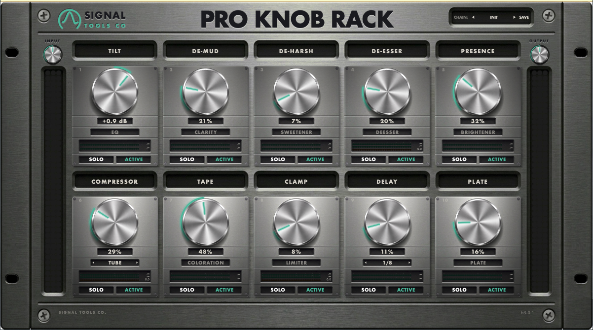 Pro Knob Rack — the 10-bay host with a full chain loaded